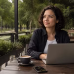 Bilingual professional in Colombia working on a laptop at an outdoor café table